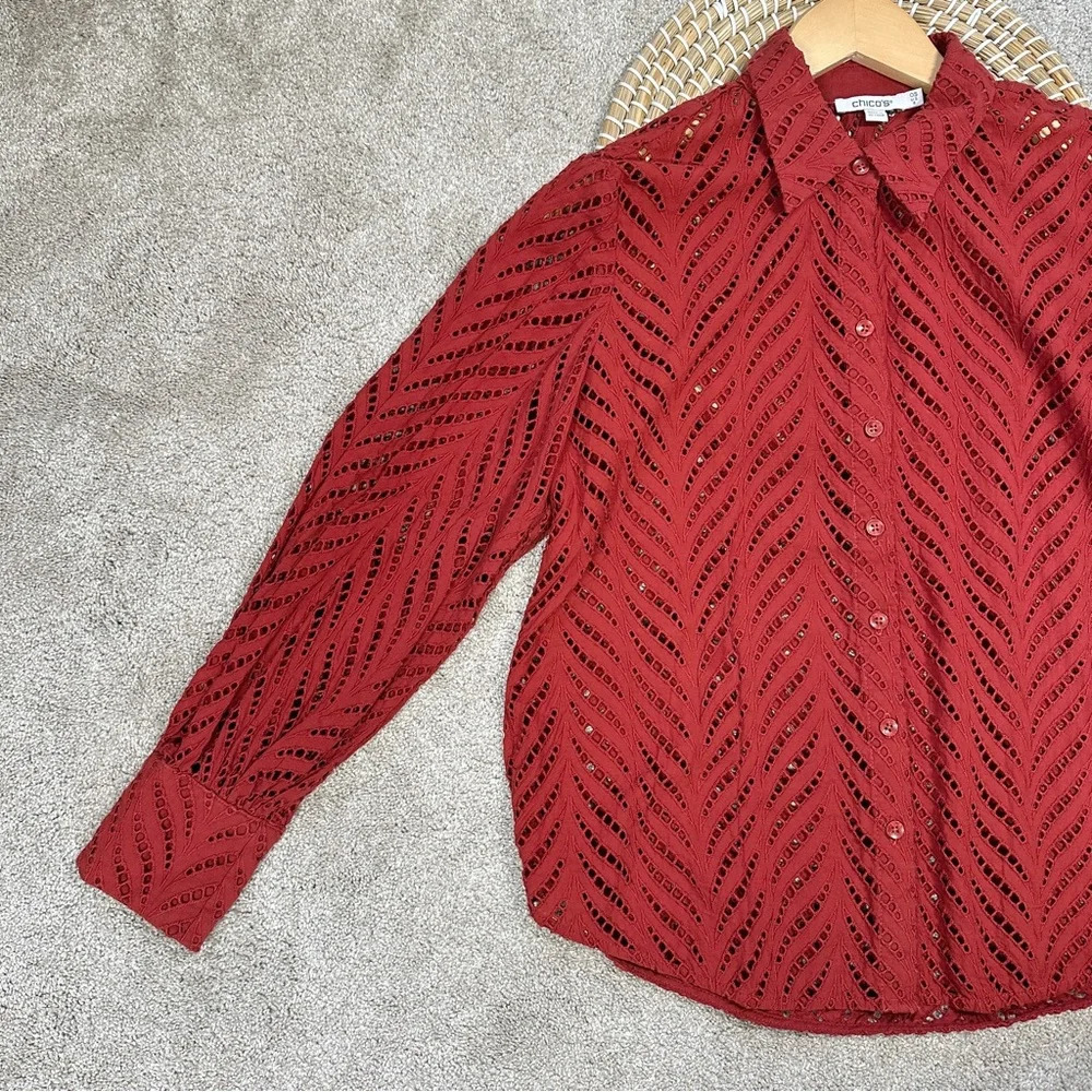 Chico's Red/Rust Eyelet Point-Collar Button-Down - Picture 6 of 15